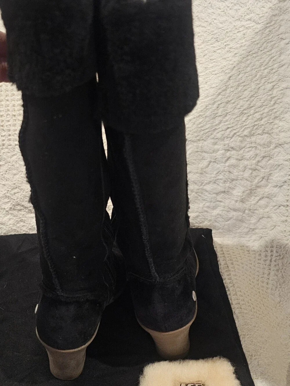 UGG Black Suede Wedge Knee Boots with Shearling Cuff